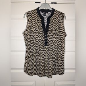 Robert Louis Womens Large Tank Top Tan with Black Chevron Design 4 Front Buttons